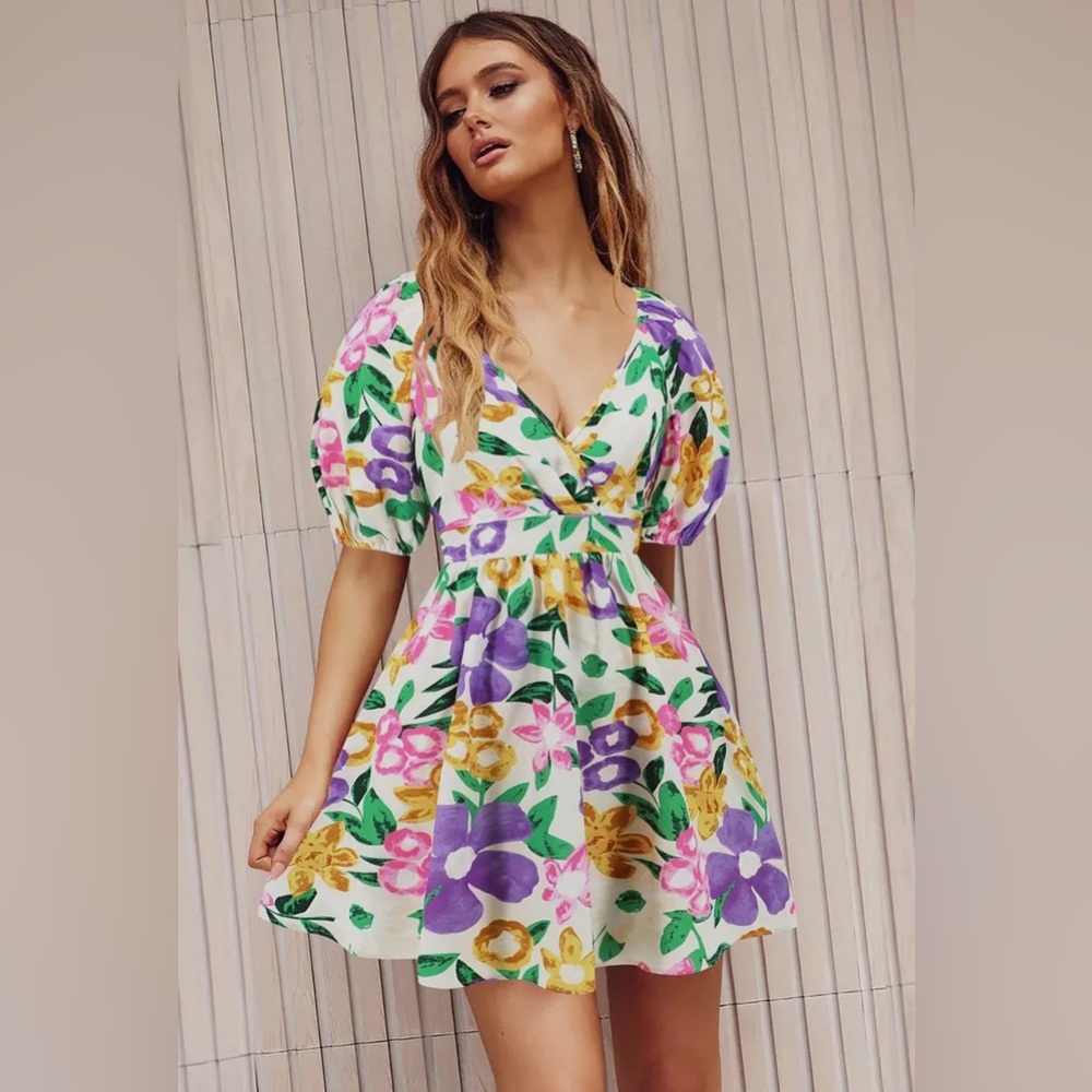 Purple Floral Tie Back Mini Dress